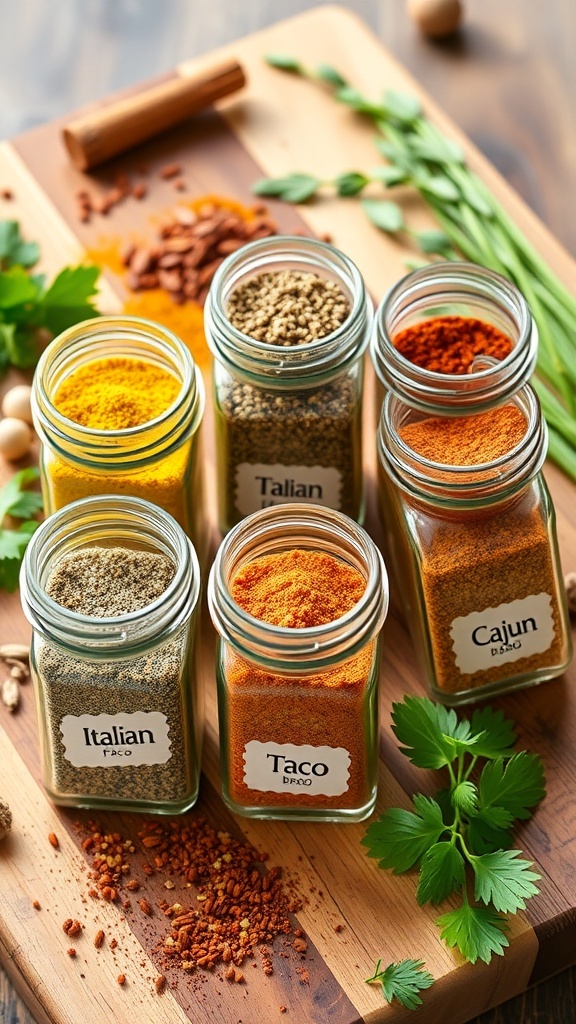 Jars of homemade seasoning blends like Italian, Taco, Cajun, and BBQ on a wooden cutting board with herbs and spices.